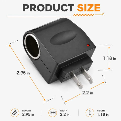 Pretty Slick AC To DC Car Adapter Turns Home Outlet Into 12V Cigarette Lighter Jack With Glowing LED Beacon Compact Portable Power Supply Fits Glove Box, size 2.95in x 2.2in x 1.18in.
