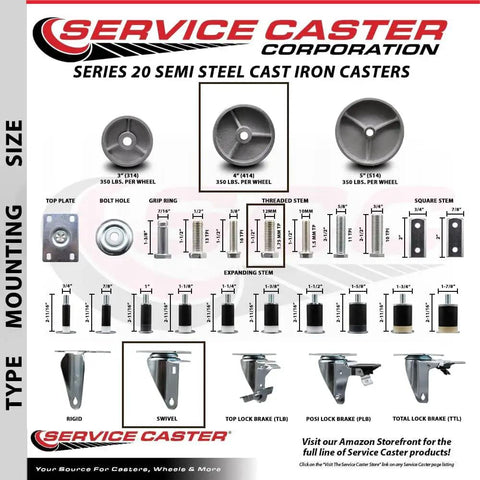 Diagram of Service Caster Series 20 Semi Steel Cast Iron Casters with size, type, and mounting options.