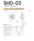 Technical drawing of SHD-03 Harmonic Reducer with dimension details, 52mm diameter, and torque specs for industrial applications