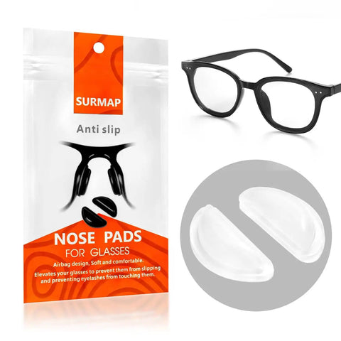 Soft Silicone Eyeglass Nose Pads With Air Chamber For Comfort And Anti Slip Grip Self Adhesive Cushioned Nose Pad Set For Glasses And Sunglasses Heightened Fit And Reduced Slippage 10 Pairs Clear in packaging next to black frames