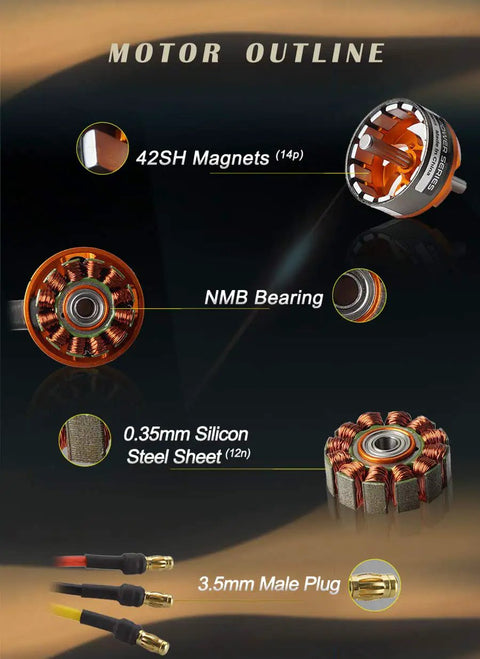 Detailed view of D3542 Brushless Outrunner Motor 1000KV with 42SH magnets, NMB bearings, 0.35mm silicon steel sheet, 3.5mm male plug.