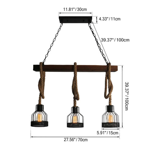 Farmhouse Pendant Light For Kitchen Island With Black Metal And Wood Beam Finish, Rustic Dining Room Ceiling Fixture, Three E26 Sockets Pendant Light, Built Tough, Easy Install Lighting For Country And Modern Homes, dimensions and rope details shown