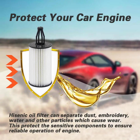 Mercedes Benz Oil Filter For ML350 E350 C300 C400 S550 GLK350 displayed with a red car and protective elements in the background.