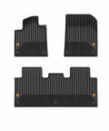 Custom Fit Three Piece All Weather Floor Mats For Rivian R2 With Grippy Antislip Base And Total Cabin Coverage Quick Hose Down Routine Keeps The Ride Looking Fresh, showing black rubber mat set.