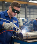 Heavy Duty Laser Safety Glasses For Handheld Welding And Fiber Laser Use Badass Eye Armor worn by a worker welding metal pipe.