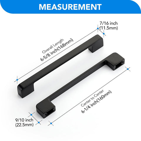 Product measurement of Black Cabinet Pulls Six And One Quarter Inch Hole Spacing Wide Base Kitchen Cabinet Handles Pack of Twelve