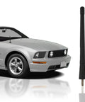 Ford Mustang External Antenna Mast 7 Black Car Antenna Replacement For 1979-2009 FM AM Radio Compatible All Weather Exterior Accessory For Cars Trucks And SUVs, next to a silver Mustang
