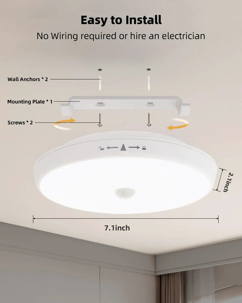 Hassle Free Plug and Play Motion Sensor Ceiling Light 2 Pack 400 Lumens Super Bright Tri Color Dimming Wireless Flush Mount With Sleek Remote Zero Drilling Quick Snap Setup For Closets