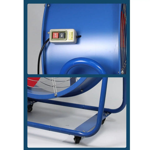 Close-up of Heavy Duty 16 Inch Industrial Floor Fan With Adjustable Tilt And High Velocity Blower Design Rock Solid Steel Frame showing control switch.