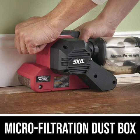 Hands using Beast 6 Amp Belt Sander With Pressure Control for smooth wood finishes, showing auto track and micro filtration dust system.