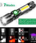 3 In 1 Rechargeable UV Flashlight With Magnetic LED, High Lumen Tactical Flashlight, showcasing 7 lighting modes on display