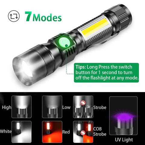 3 In 1 Rechargeable UV Flashlight With Magnetic LED, High Lumen Tactical Flashlight, showcasing 7 lighting modes on display