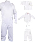350N Fencing Uniform Full Set Pants Jacket Vest For Foil Epee Saber White Pro Grade Practice Gear Displayed