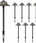 Eight Pack Low Voltage Pagoda Path Lights With Bronze Finish 3W LED Producing 180 Lumens Warm White 3000K Two Tier Outdoor