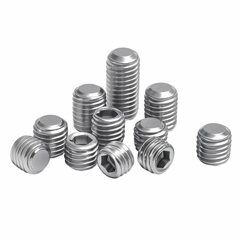 Set of twelve stainless steel hex socket grub screws, flat-point, fine thread, M6–M16, 20 mm length.
