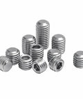 Stainless steel hex socket grub screws with flat points; fine-thread, assorted sizes (M6–M16).