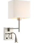 Bedside Swing Arm Wall Lamp With Dual Switch, Cozy And Lit Wall Sconce For Bedroom And Living Room, 3W LED 3000K Warm Glow, Satin Nickel Finish Ivory Linen Shade, Plug In Or Hardwire, shown on white background.