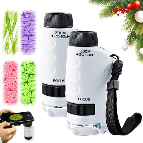 Kid Friendly Pocket Microscope Kit With High Magnification 2026 Educational Mini Microscope Portable Handheld Science Tool, two pack, white with Christmas decorations