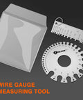 Round Dual Sided Wire Gauge And Sheet Thickness Gauge Set in stainless steel with carry pouch for welding and metalworking.