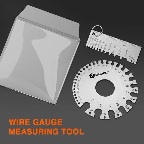 Round Dual Sided Wire Gauge And Sheet Thickness Gauge Set in stainless steel with carry pouch for welding and metalworking.