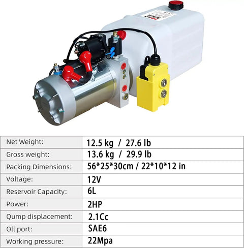 Electric Hydraulic Power Unit Double Acting 6 Quart Pump with 12V DC motor and plastic oil reservoir for high pressure applications.