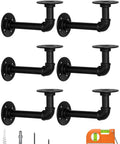 Pipe Shelf Brackets For DIY Floating Shelves 8 To 14 Inch Industrial Iron Pipe Brackets Heavy Duty Metal Shelving Black 6 Pack Perfect For Books Plants Kitchenware And More shown with screws and anchors.