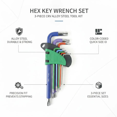 Cool CRV Alloy Steel Hex Key Wrench Toolkit, Three Piece Color Coded Set For Assembly And Repair, Rock Solid Durability To Handle Heavy Duties With Ease, 3-piece set