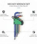 Rock Solid Hex Key Wrench Set That Slaps Every Squirrel Tight On Furniture Assembly And Repair Jobs With A Color Coded Kit That Never Gets Mixed Up For Quick Grab Access When You Need To Fix Stuff Fast. 3-piece CRV alloy steel hex keys, color-coded handles