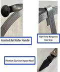 Heavy Duty Steel Drain Snake Auger with ball roller handle, manganese steel strip, and cast iron impact head detail.