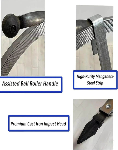 Close-up of Heavy Duty Steel Drain Cleaning Tape And Extra Long Cable Auger Tool features, including ball roller handle and cast iron head.