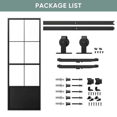Glass Barn Door Panel 42 Inch By 96 Inch With Frosted Tempered Glass And Carbon Steel Pre Drilled Frame Sliding Door Kit With hardware