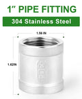 Five Piece 304 Stainless Steel Cast Pipe Fittings Coupling Set 1 Inch By 1 Inch NPT Female Threaded High Pressure Up To 300 PSI