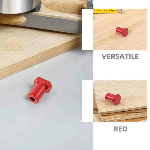 Six Piece Aluminum Alloy Workbench Stops Set With Scratch Resistant Clamp And Quick Tightening Ratchet in red color on wood