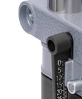 Close-up of Universal Drill Press Stand Featuring Rock Solid Bench Mount And Heavy Duty Aluminum Base, showing depth adjustment scale.