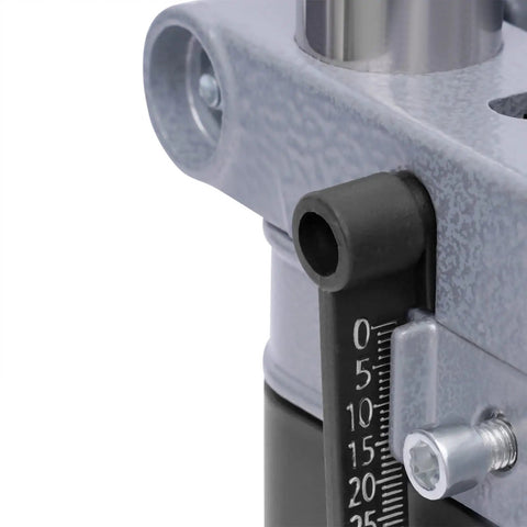 Close-up of Universal Drill Press Stand Featuring Rock Solid Bench Mount And Heavy Duty Aluminum Base, showing depth adjustment scale.
