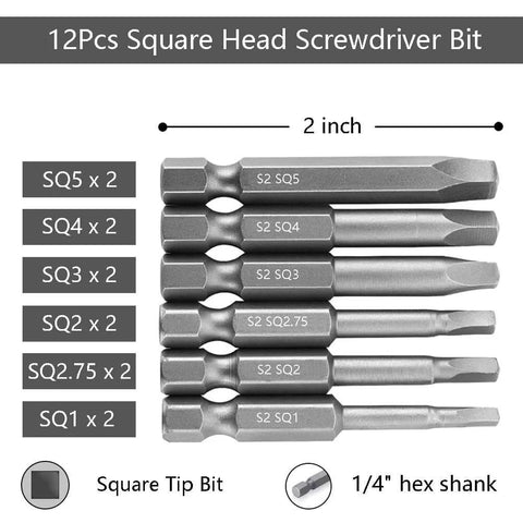 12 Piece One Quarter Inch Hex Shank Square Tip Bit Set With Magnetic Square Head Bits SQ5 SQ4 SQ3 SQ2.75 SQ2 SQ1 displayed