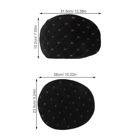 Top Shelf Comfort Plush Electric Scooter Seat Cover Winter Warm Black Stays Put Quick Strap Kit showing dimensions and soft quilted design.