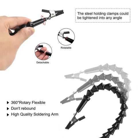 Three Adjustable Gooseneck Arms Third Hand Soldering Tool with flexible, rotatable alligator clips for PCB and jewelry crafts.