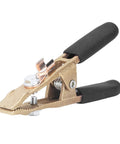 Solid Brass Grounding Work Clamp With 40mm Jaw For Big Current Welding Jobs Like Argon Arc And Sheath Use At The Shipyard Heavy Duty And Totally Ready To Hook Up, showing the clamp's jaw and rubber grips.