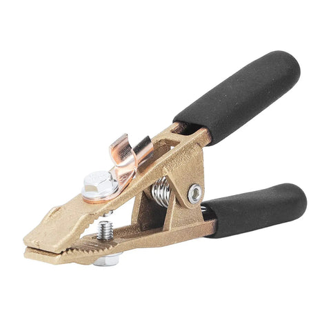 Solid Brass Grounding Work Clamp With 40mm Jaw For Big Current Welding Jobs Like Argon Arc And Sheath Use At The Shipyard Heavy Duty And Totally Ready To Hook Up, showing the clamp's jaw and rubber grips.