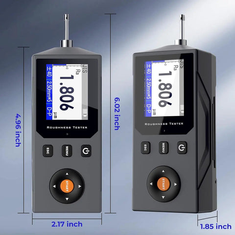 Pro Grade Surface Roughness Tester With 5 Micron Diamond Stylus, High Precision Digital Profilometer For Engineering And Lab Use, Multi Parameter Surface Finish Meter Measuring Ra Rz Rq Rt Rp Rv Rsk Rku And More, front and side view with dimensions