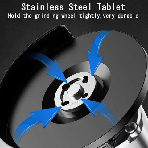 Hella Tough Corded Angle Grinder Designed For Badass Cutting Grinding And Polishing On Metal Wood Stone And Jade With Smooth Speed Control And Built In Cooling showing stainless steel tablet holding grinding wheel.
