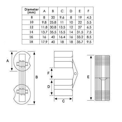 Technical drawing and dimensions of 4 Pack Copper Barrel Hinges Hidden 180 Degree Opening For Doors Tables And DIY Furniture Hardware Fits 10 To 18 Mm Bore 14 Mm Size Durable Copper Construction
