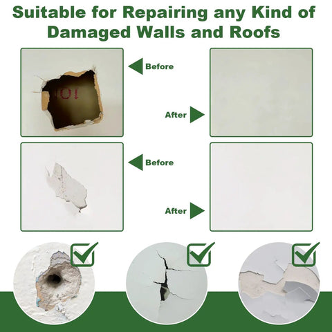Drywall Repair Kit Eleven Piece Patch Set For Patch Up Holes And Dents In Walls Includes before and after repair images.