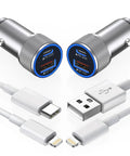 Premium Dual Port Vehicle Charger With MFi Certified Lightning Cable Pumping Out 38W Fast Power Straight To Your Device For Zero Downtime On Long Drives And City Runs, showing dual car adapters and charging cables.