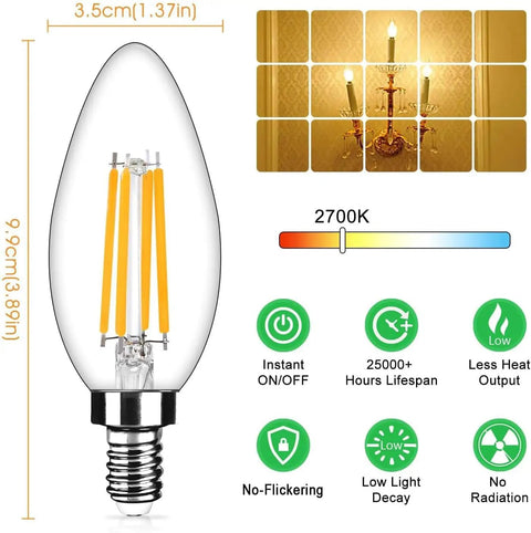 12-Pack Dimmable E12 LED Candelabra Bulbs 40W Equivalent 2700K Warm White 450 Lumens 4W B11 Vintage Filament Clear Glass Lamps