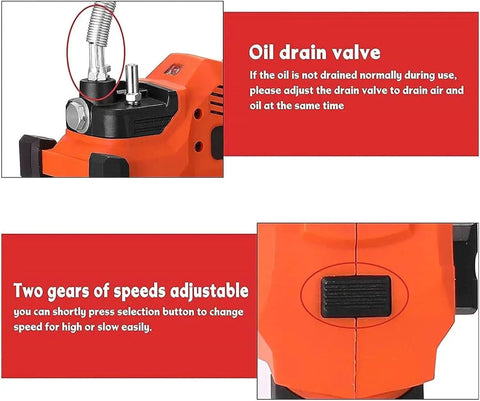 Close-up of oil drain valve on Cordless Grease Gun Kit With Two Batteries And Carrying Case, 20V High Pressure 10000 PSI.