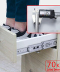 Person standing on open drawer showing Smooth Glide Drawer Slides Set, 1 Pair Ball Bearing Runners For Cabinets and Kitchen, load test 70kg