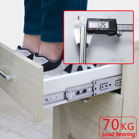 Person standing on open drawer showing Smooth Glide Drawer Slides Set, 1 Pair Ball Bearing Runners For Cabinets and Kitchen, load test 70kg