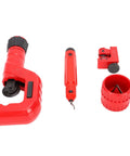 4-Piece Tubing Cutter Kit with ergonomic handles, featuring deburring tool and flexible range for copper, aluminum, stainless steel, PVC pipes.